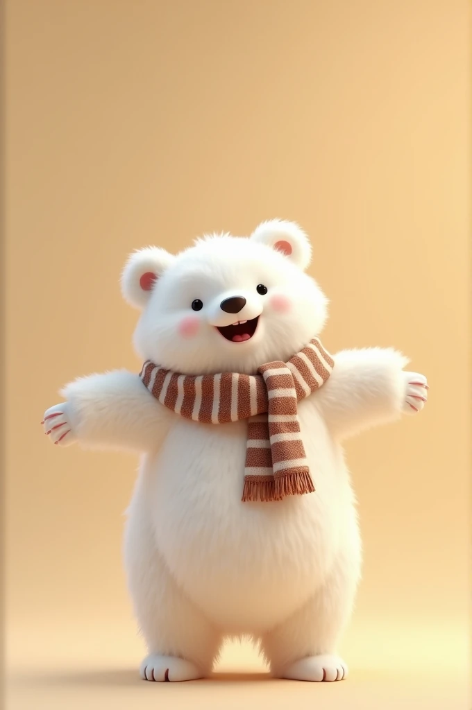 White bear with a scarf sitting open his arms Pixar-style beige background 