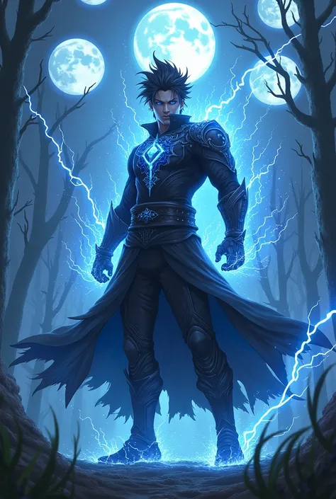 A thunder hashira with black hair and almost white blue eyes, he is angry, Your clothes are from the legendary assassin, dark forest background with 4 moons, many lightning around him.