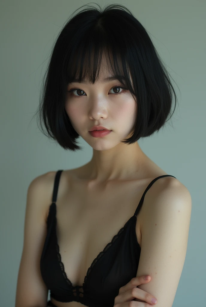  Asian-looking girl with narrow eyes ,  with short bob hair and expressive makeup ( arrows on the eyes). She is wearing black lingerie ,  that emphasizes her figure .  Her arms are gracefully lowered along the waist ,  creating a sophisticated and mysterio...