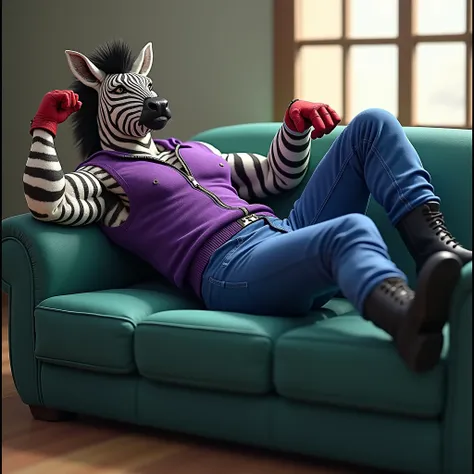 Muscular zebra furry jock in black boots, wearing blue pants ,  in a purple zippered sleeveless sweater, wearing red gloves, lying on his back on the green sofa by the window 