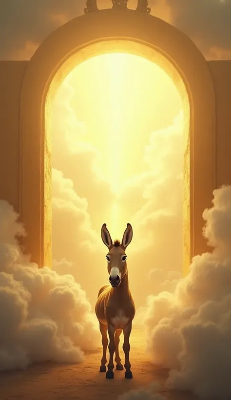 Burro Getting to Heaven: "Imagine um burro simples,  but with a curious and attentive look , Getting to Heaven. He stands in front of a golden gate that leads to a serene, illuminated sky. Although mute ,  the donkey seems to be amazed at the heavenly envi...