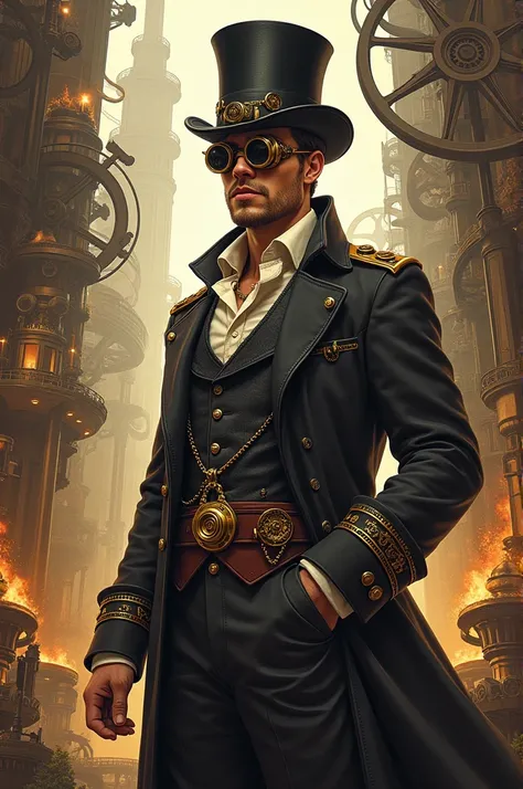  I want you to draw a drawing of a man inventor wearing a top hat, inventors glasses and inventors clothes, Make a drawing in the style of Steam punk in the style d &d
