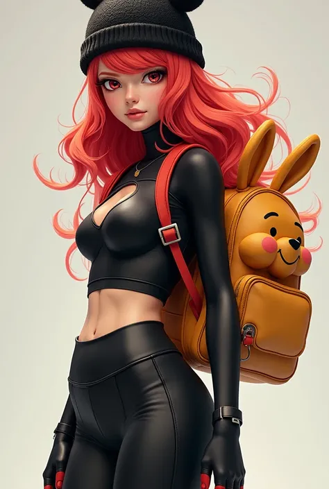 Female character with long hair and two wavy red hair with curtain strokes, u BodySuit shirt and pants Baptism backpack pooh backpack black knitted rabbit hat Y2k  