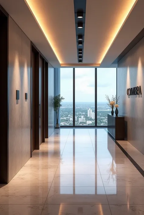  Luxury corridor, modern,of a company , with the name Coimbra on the wall ,  porcelain tile floor ,  modern lights on the ceiling , windows for the city of Miami ultra HD image 8k  