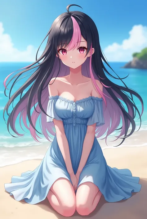 Boku Female Anime , black and pink hair , left eye pink, While the black right, with a light blue dress,  on the beach,  with full body 