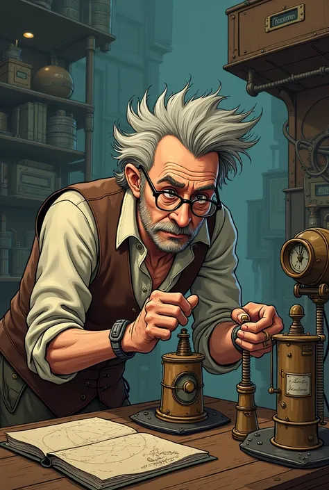 I want you to draw a picture of a 50-year-old inventor and top hats off inventors glasses and inventors clothes, Make a drawing in the style of Steam punk do it in the Gravity Falls cartoon style with untidy clothes without a top hat and with the clothes a...