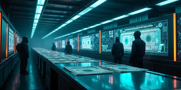 A breathtaking, high-tech factory where US dollar bills are printed, set in a dimly lit, futuristic environment with bright neon lights contrasting against dark, metallic walls. The scene features massive printing presses with glowing holographic displays,...