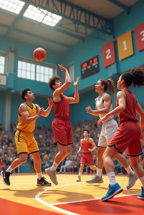 Équipe de basketball mixte loisirs jouant un match dans une salle de sport