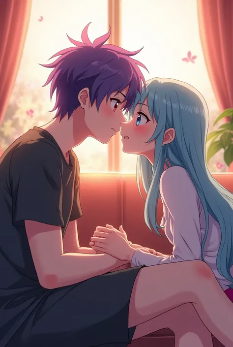  Create an anime boy Qué Sellame Sai 18 years old with purple hair and red eyes Create an anime girl What is called Emi 18 years old with long hair and sky blue eyes and who is 170 tall who is sitting on the couch and What do they kiss with a night out