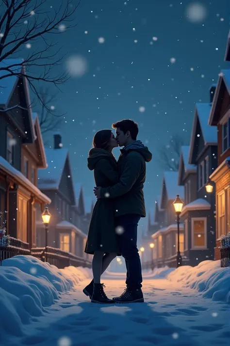 Night everywhere its dark winter season Its snowing in the city everywhere white people have houses outside there are houses the lights of houses are on a woman kissing a man with a woman 