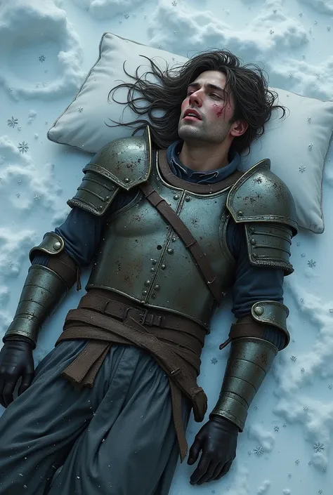    A Tired Warrior , All Hurt  ,  exhaustedView from above ,   all bruised and in a place where its snowing