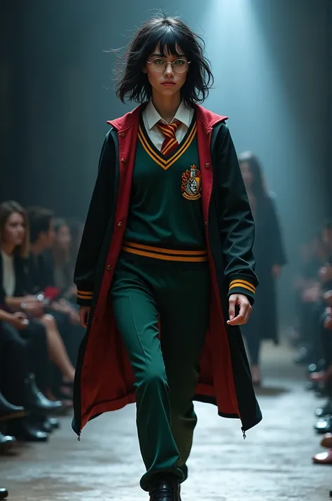 Create a Harry Potter babe in a Gryffindor uniform and glasses parading confidently on a runway with a person in the background 