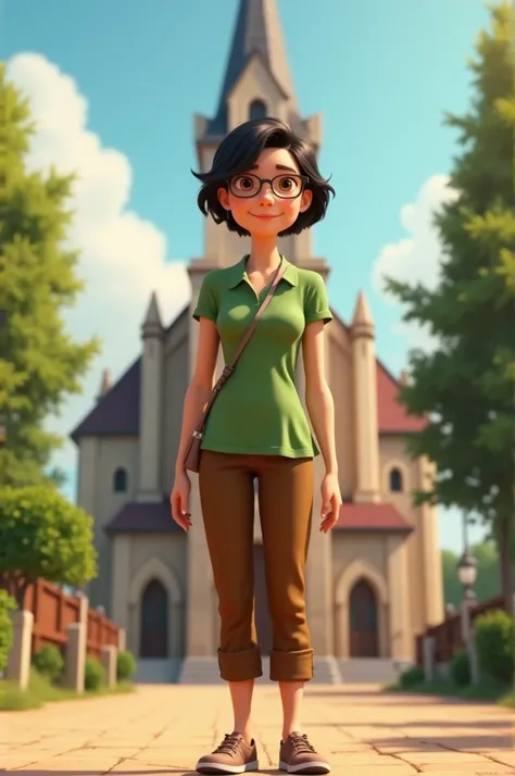 Pixar poster image of a 62-year-old lady , with light brown eyes,  white skin ,  MEDIUM HEIGHT,  short black short hair dressed in a green short sleeve shirt,  brown pants and shoes at the foot of a church  