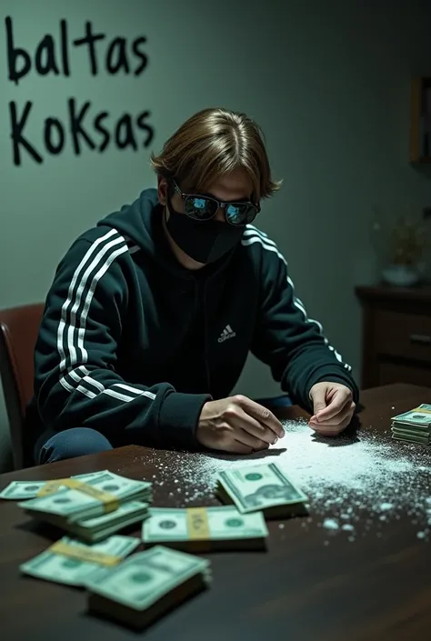 A guy with brown hair with a face mask, sunglasses, adidas trainers is sitting at the table, money is thrown on the table, sprinkled with cocaine on the wall is writing BALTAS KOKSAS