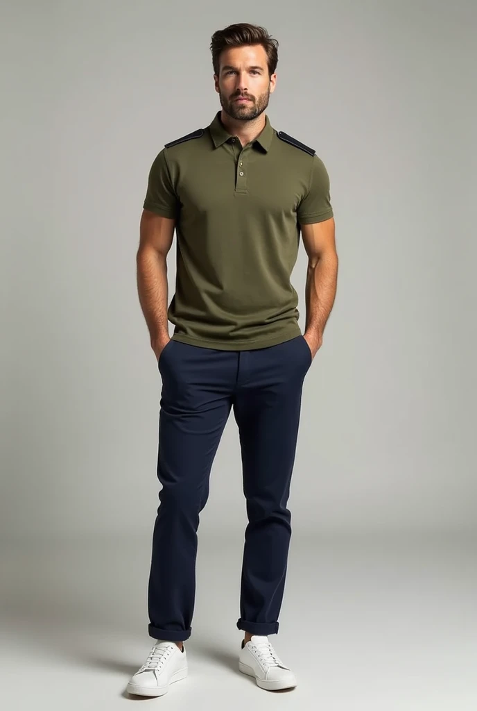 Man wearing military green polo ,  navy blue tailor pants and white sneakers