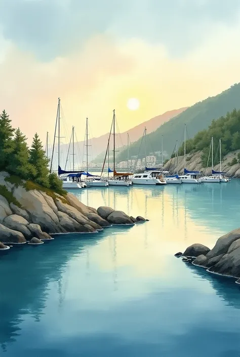 generates an image of a realistic watercolor painting of a marina with blue, green and ochre tones in high resolution without houses or ships at dusk