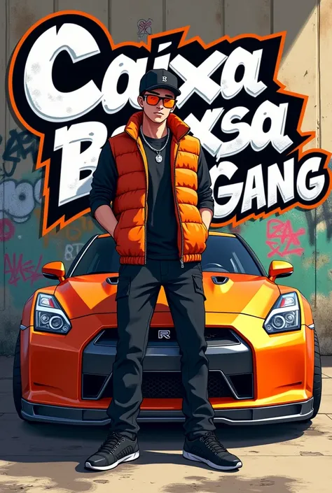 Logo with a graffiti on the wall saying Caixa Baixa Gang the orange with a character 
From GTA dressed in black pants and orange vest a black cap and orange glasses placed against an orange GTR R35 in anime

