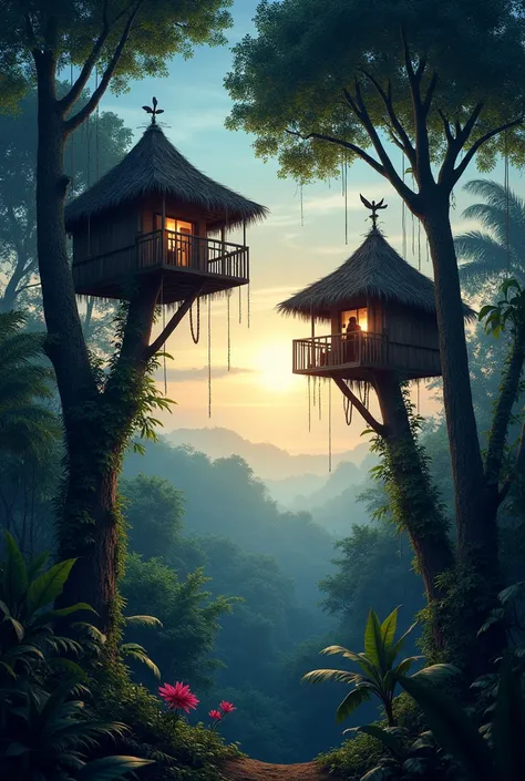 Generate an image of Indians in their huts on top of a tree watching a beautiful day at night turning into day in the Amazon with various trees and plants