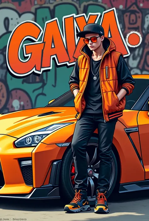 Logo with a graffiti on the wall saying Caixa Baixa Gang the orange with a character 
From GTA dressed in black pants and orange vest a cap black hat and orange glasses placed against an orange GTR R35 in anime

