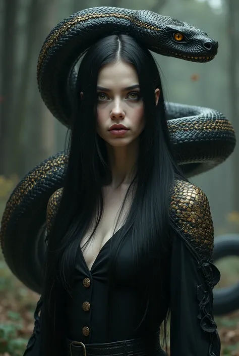 black snake scales on her shoulders, golden eyes, black straight hair, reaching down to the middle of the back, pale skin, goth makeup. A very huge black and gold snake behind her. Dark magic