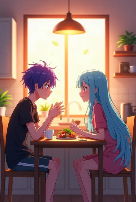 Create an anime boy Qué Sellame Sai 18 years old with purple hair and red eyes Create an anime girl What is called Emi 18 years old with long hair and sky blue eyes and who measures 170 tall What is on the kitchen table eating with a night out