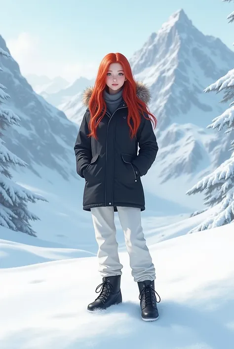  Girl on a snowy mountain. Black anorak .  White snow pants . black snow boots . 20 years. Redhead.  Hair falls to the waist . beautiful.