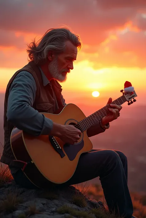 I want you to create a guitarist watching the sunset from the front From the back to see his face at night
 And add one more Christmas pimp
