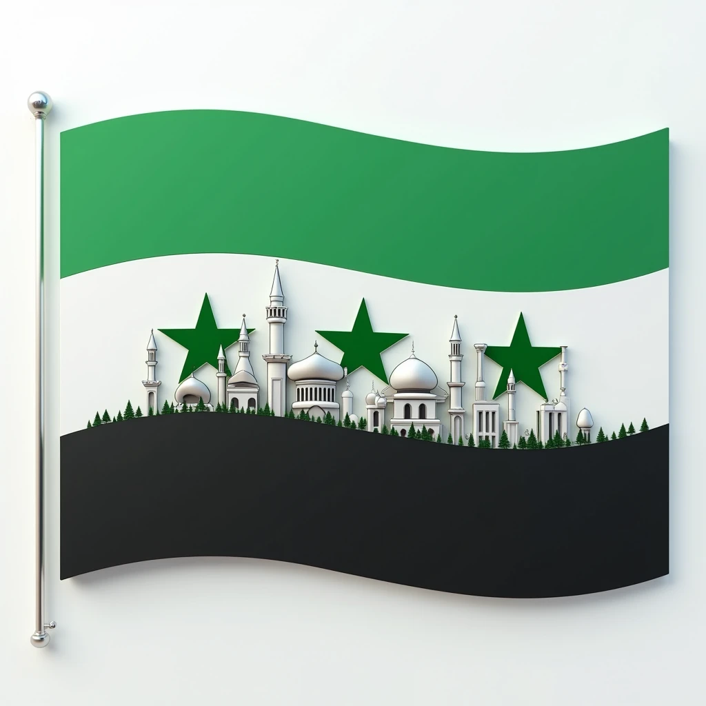 3D design. The colors of the new Syrian flag are green from the top, white from the center, black from the bottom, and 3 stars in the center in white on the word DUA are 3D and there are buildings, mosques and trees on the black section