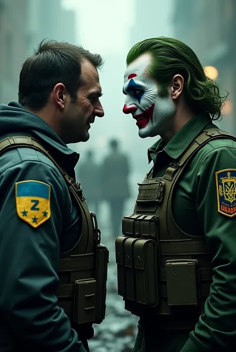 The Joker is dressed in military clothing, a bulletproof vest, and has a Ukrainian chevron. He stands with his forehead pointed at the man with the chevron with the letter Z.