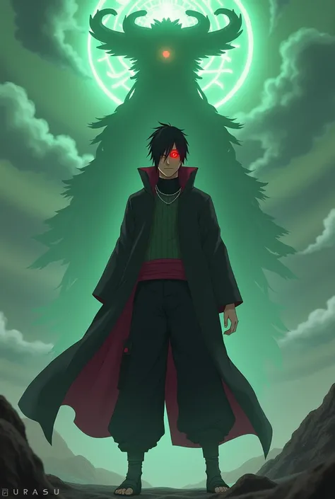  Shisui Uchiwa with his Sharingan and in the background 
At the top are Susanoo green