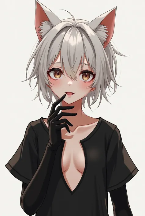 Boy with female body  , rowdy black hair short boy  ,  light brown eyes  , glasses , white cat ears,  short shirt up to the chest color black,and long black gloves.
