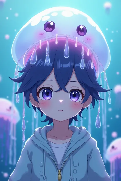 A boy monster jellyfish ,  dark purple hair ,  bicolored eyes and baby blue skin .  The jellyfish cup like a hat,  looking innocent and sweet ,  full body.  anime style.