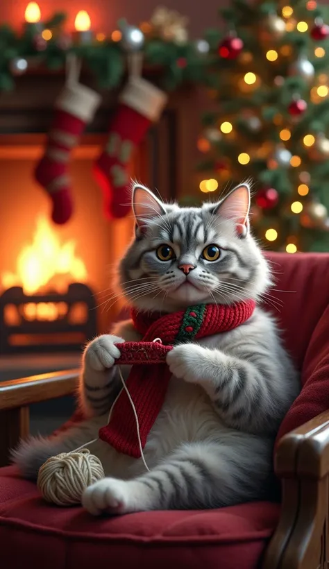  An ultra realistic and incredibly cute cat ,  with soft and shiny fur in shades of gray and white ,  sitting in a comfortable armchair in front of a fireplace decorated with a Christmas theme .  The cat is holding knitting needles between its front legs ,...