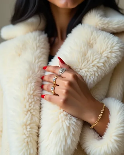 A close-up of a person wearing a plush, luxurious white fur coat. The person’s hand with short red stiletto nails, adorned with simple gold rings and a diamond ring, is elegantly tucked into the coat. A simple and delicate gold bracelet, adding a touch of ...