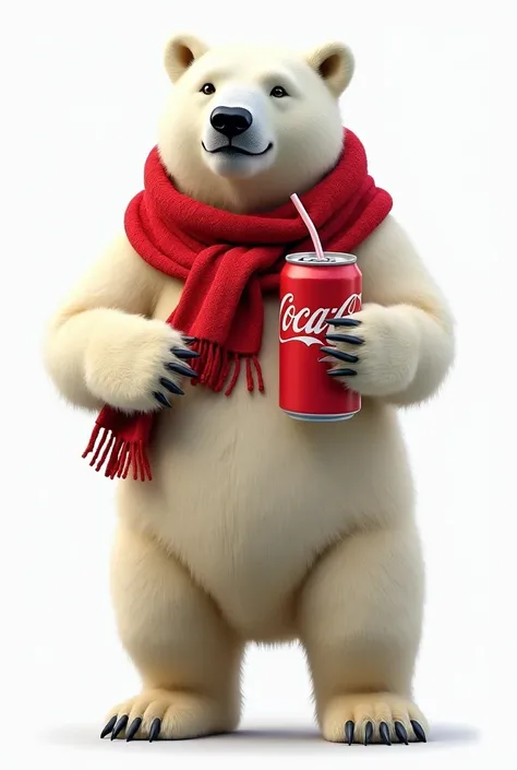 Polar bear on two legs wearing a red scarf with woven texture and the Coca-Cola brand drinking a canned Coca-Cola soda on a PNG background in 1080 x 1080