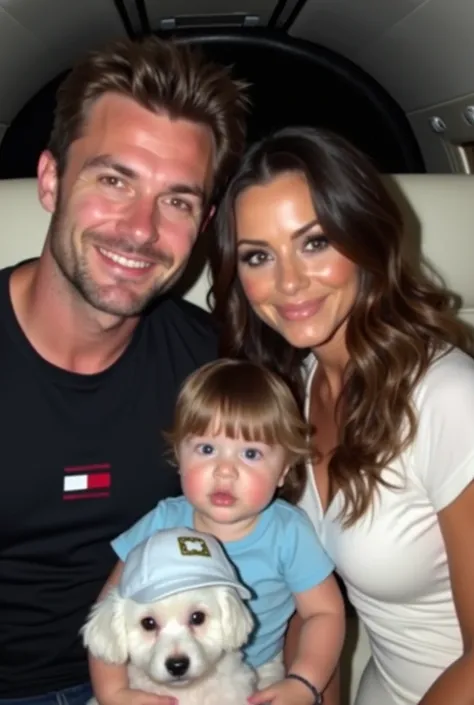  image shows three people on a luxury white private jet .  Two of the people appear to be adults ,  a man with short straight and wavy brown hair ,  brown eyes .  Wearing a black Tommy Hilfiger t-shirt . And to a white-skinned woman ,  Blue Eyes,   with lo...