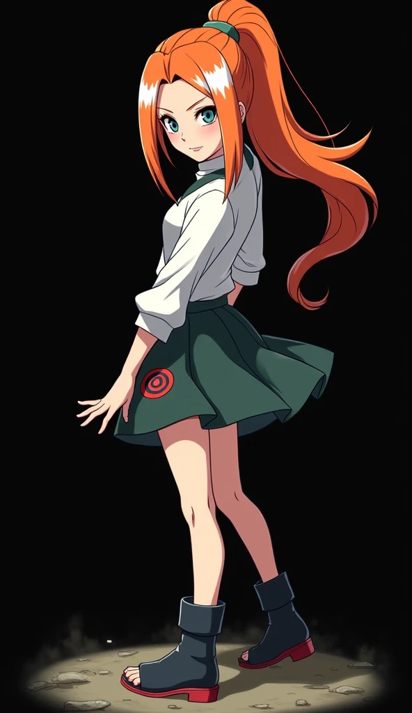 Character created by Mikio Ikemoto (8K): girl with a slender and beautiful appearance, light skin, full body, fire-colored orange hair and very smooth with two white locks highlighted on the front, similar to those of Rogue from the X-Men, hair tied in a p...