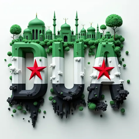 The design of the word DUA BAYAN 3D. The colors of the new Syrian flag are green from the top, white from the center, black from the bottom, and only 3 stars in the center are white on the word DUA in 3D. It includes buildings, mosques, trees and nature