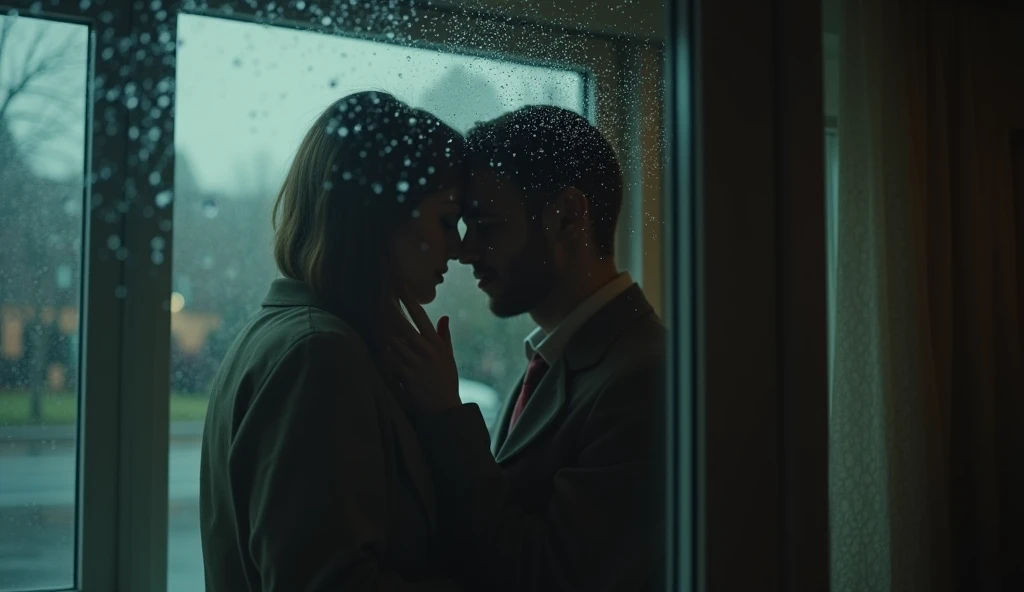 "A dramatic reflection of the wife and her lover in a rain-soaked window, but the husband’s face is barely visible in the glass, indicating hes watching. Text: She Thought She Was Safe... But He Was Right Behind Her."

