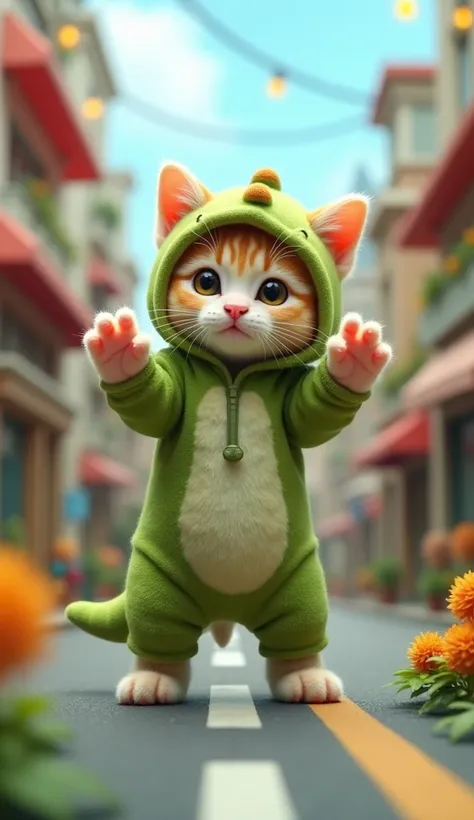 A cute kitten wearing a dinosaur costume stands on two legs with both arms outstretched．The background is a miniature city