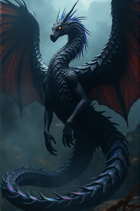 Create a colossal black serpent with several wings with feathers around its body and its eyes would be multicolored