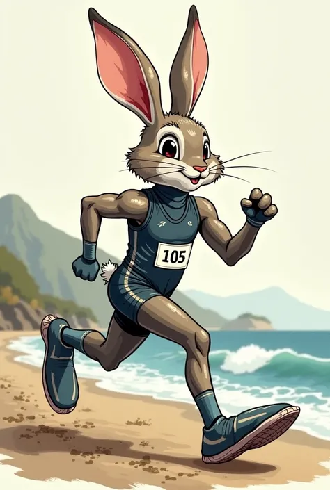 create a rens illustration of a finned rabbit with the following details: marathon runner outfit