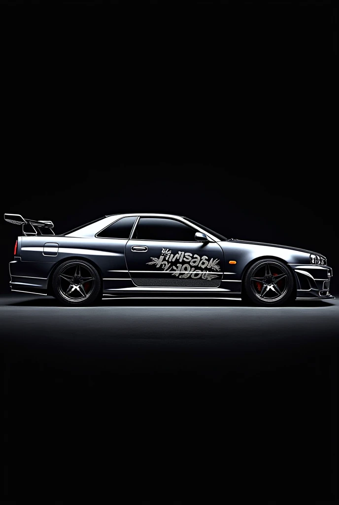 Nissan Skyline R34 image of Fast and Furious,  30x45 cm black background ,  on the underside of the vehicle bearing the title: "The Nissan Skyline " 