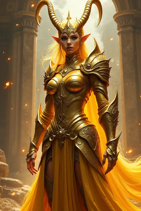 Golden dragonborn woman in armor