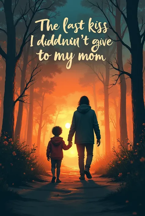 Create a cover for a story where a  cries when he gets home and his father cries for the death of his mother that says with cursive letters at the top of the title " The last kiss I didnt give to my mom"