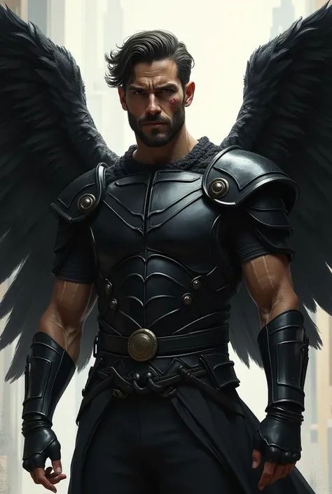 black angel wings，a muscular man in black armor with bandages,  in front of the observer , with masculine characteristics, scars and wounds, First shepherd,  sharp focus,  illustration，guts (Furious) 