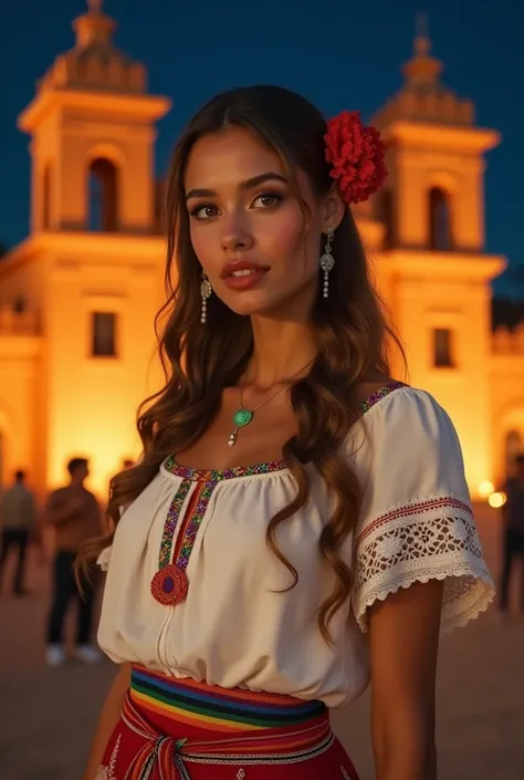  
  features a beautiful woman of Spanish origin , brown skin, wavy hair ,blonde color , and brown line ,  using a red ribbon behind her hair ,  using a small jade necklace of one seed in green ,  using the traditional dress of Mexico festival White brocad...