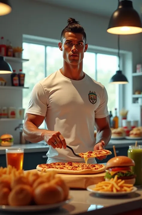 Cristiano Ronaldo standing in a modern kitchen, confidently flipping a pizza with one hand and holding a spatula in the other. The counter is filled with burgers, fries, and sodas. Ronaldo looks stylish in a casual T-shirt but slightly out of place cooking...