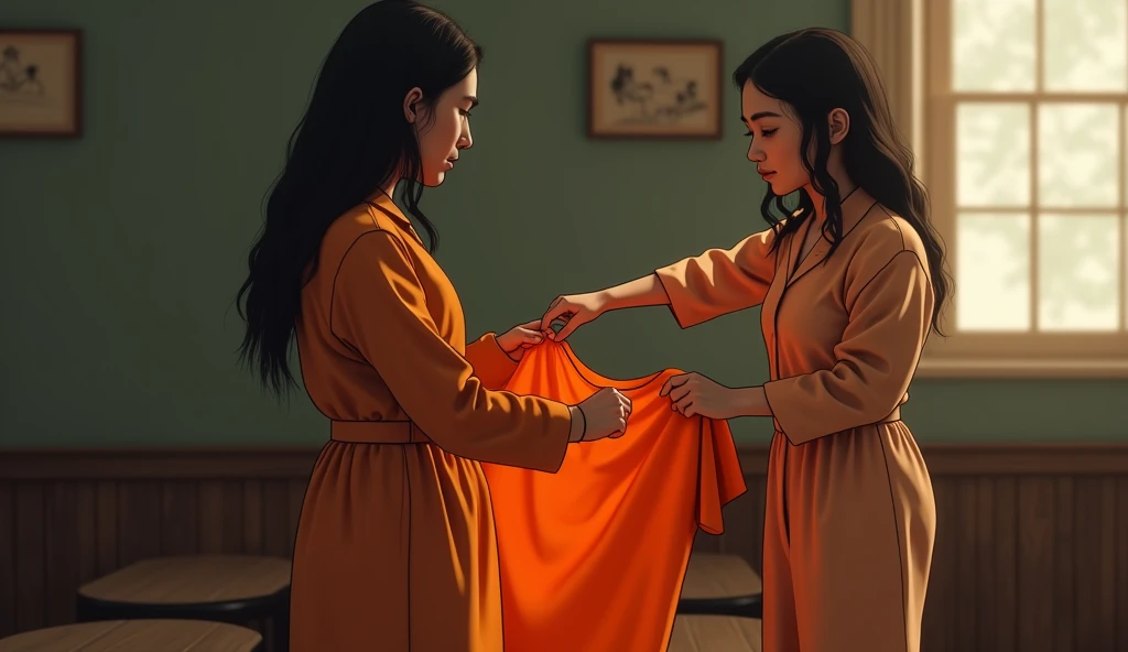 Draw me a symbol representing a female getting an orange shirt taken away from them at a residential school. Add in symbology for physical, emotional and sexual abuse. Hyper realistic, highly detailed, art station, smooth, sharp focus, 8K, photorealistic, ...