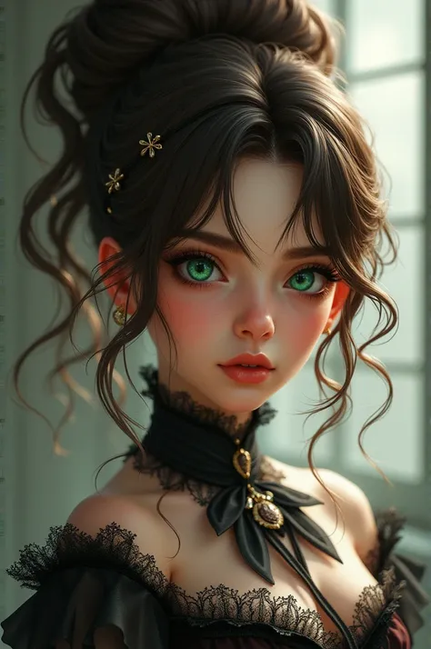  In the style of Devil May Cry an 18-year-old girl with brown hair in a high hairstyle with hairpins,  wearing a Victorian style dress , with green eyes and warm makeup 